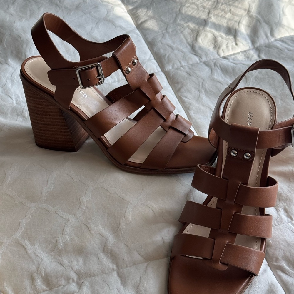 Marc Fisher Brown Leather Chunky Heeled Sandals - Picture 2 of 5